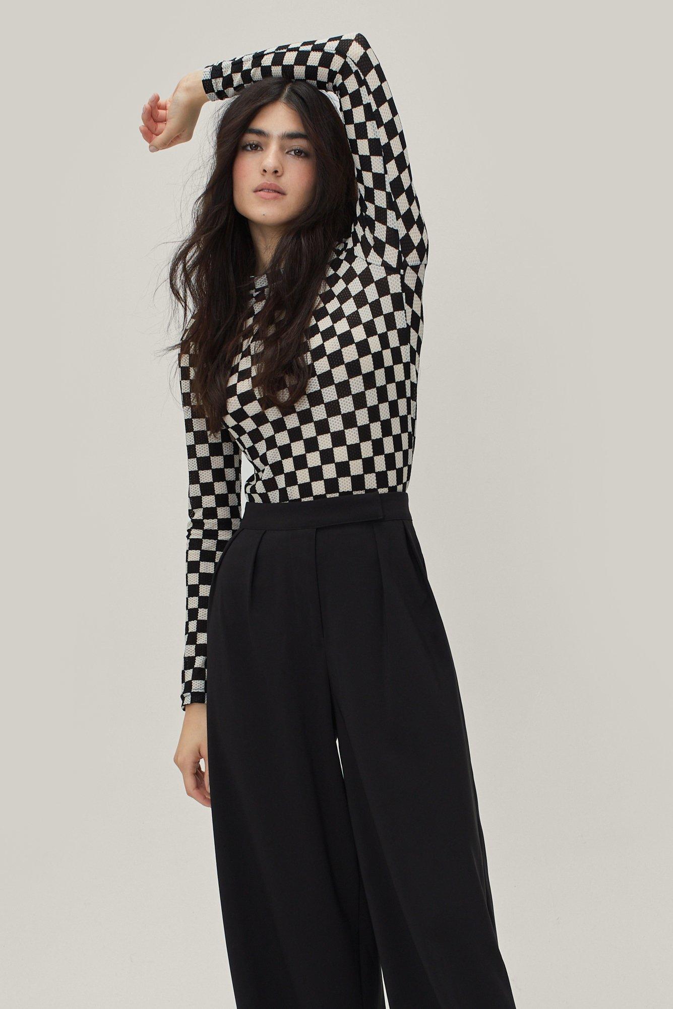 Checkerboard Mesh Long Sleeve Top