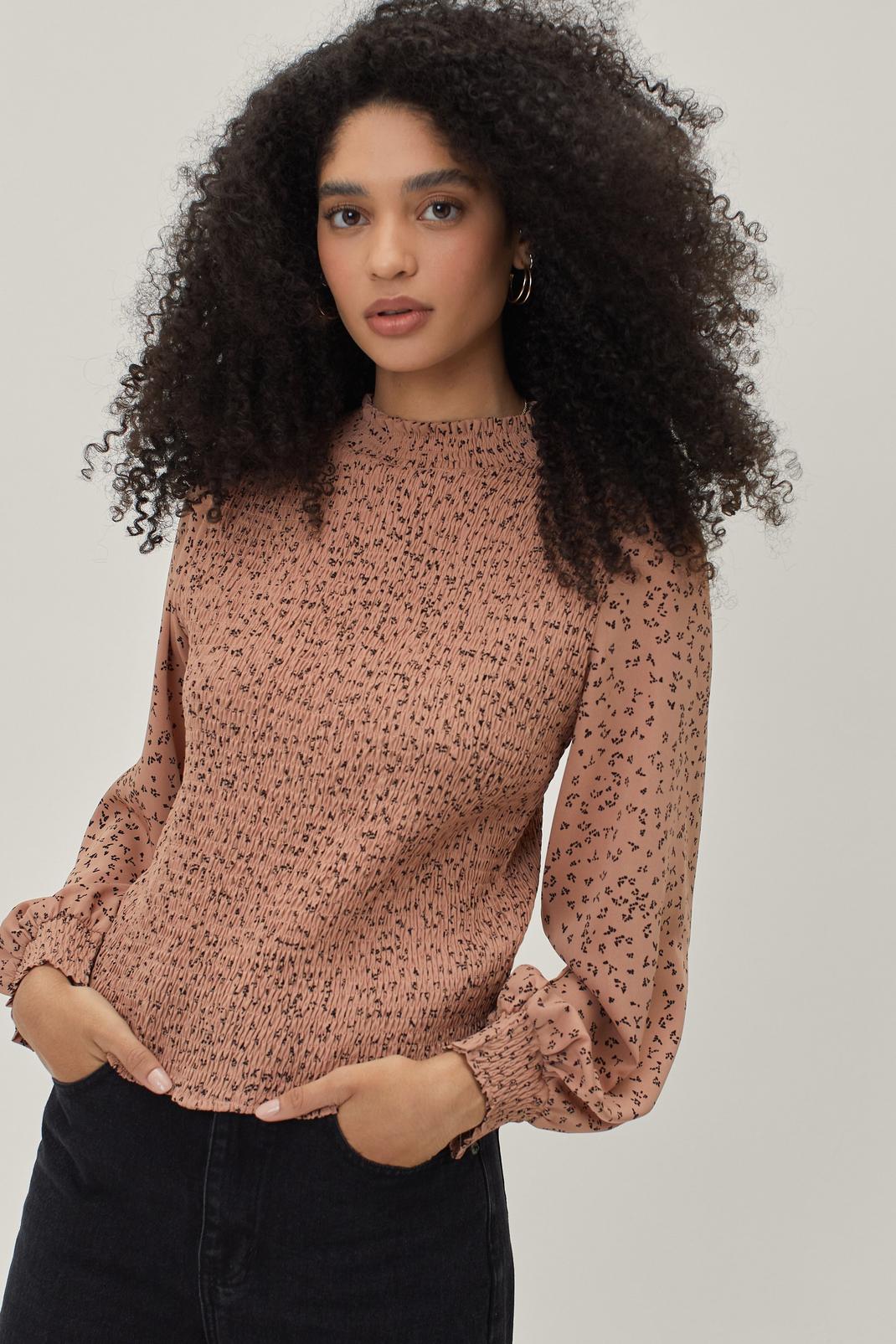 Pink Dainty Floral Print Shirred Long Sleeve Blouse image number 1