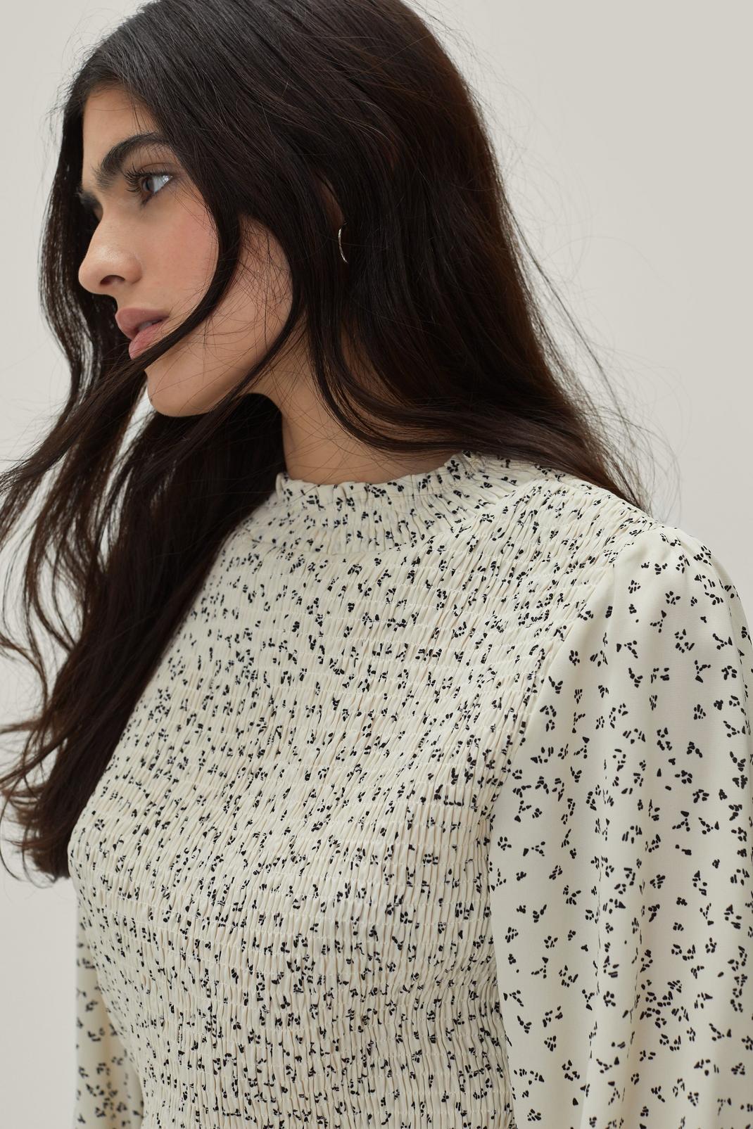 White Dainty Floral Print Shirred Long Sleeve Blouse image number 1