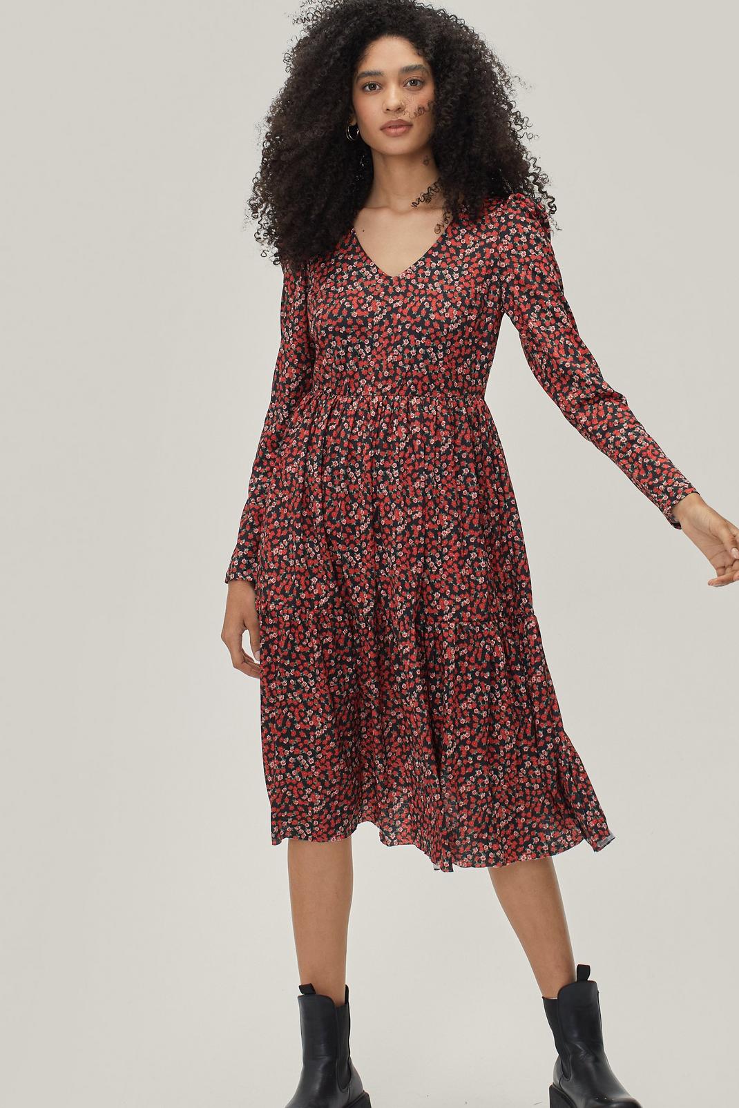 Dark red Floral Long Sleeve Tiered Midi Dress image number 1