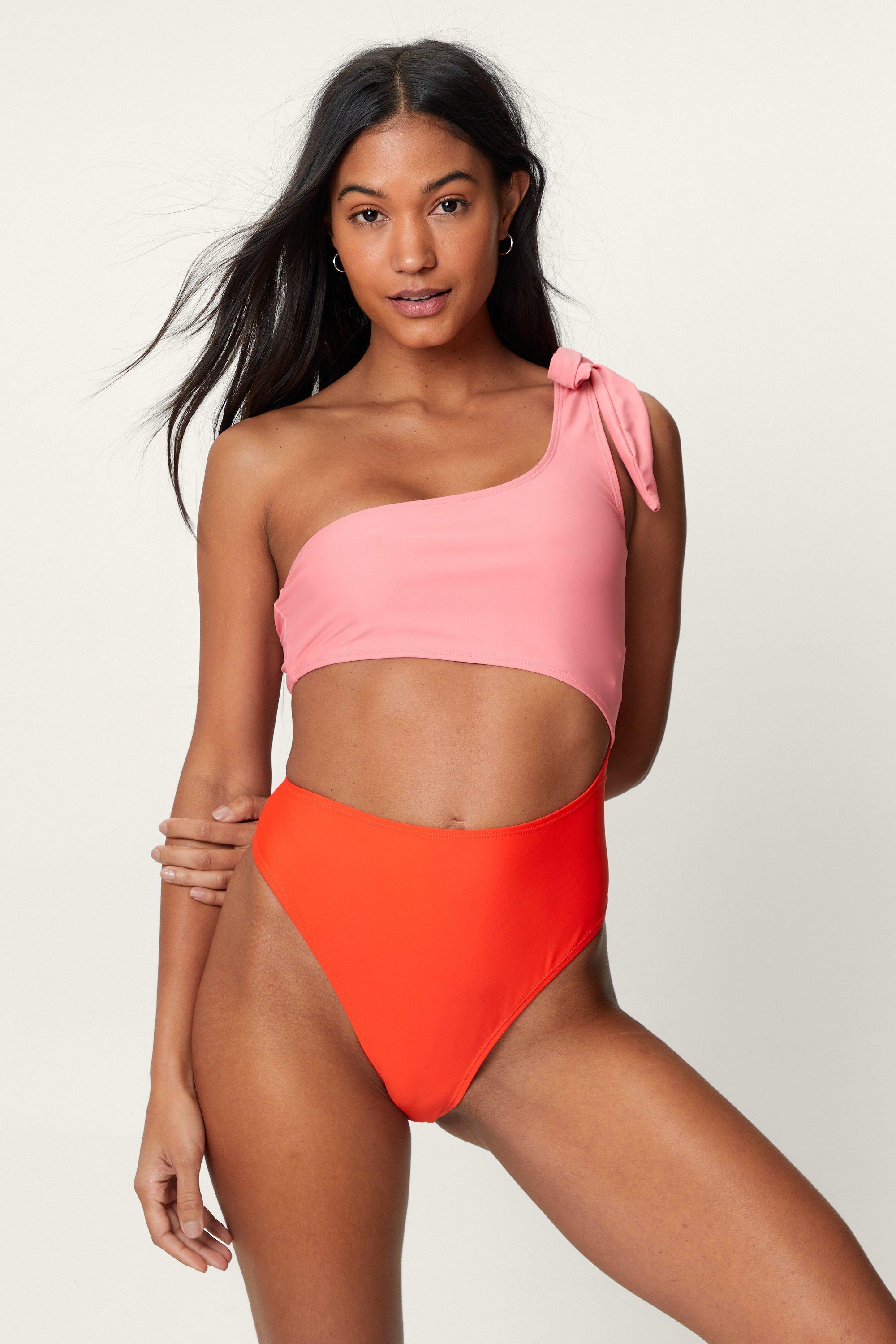 Color Block Cut Out One Shoulder One Piece Swimsuit