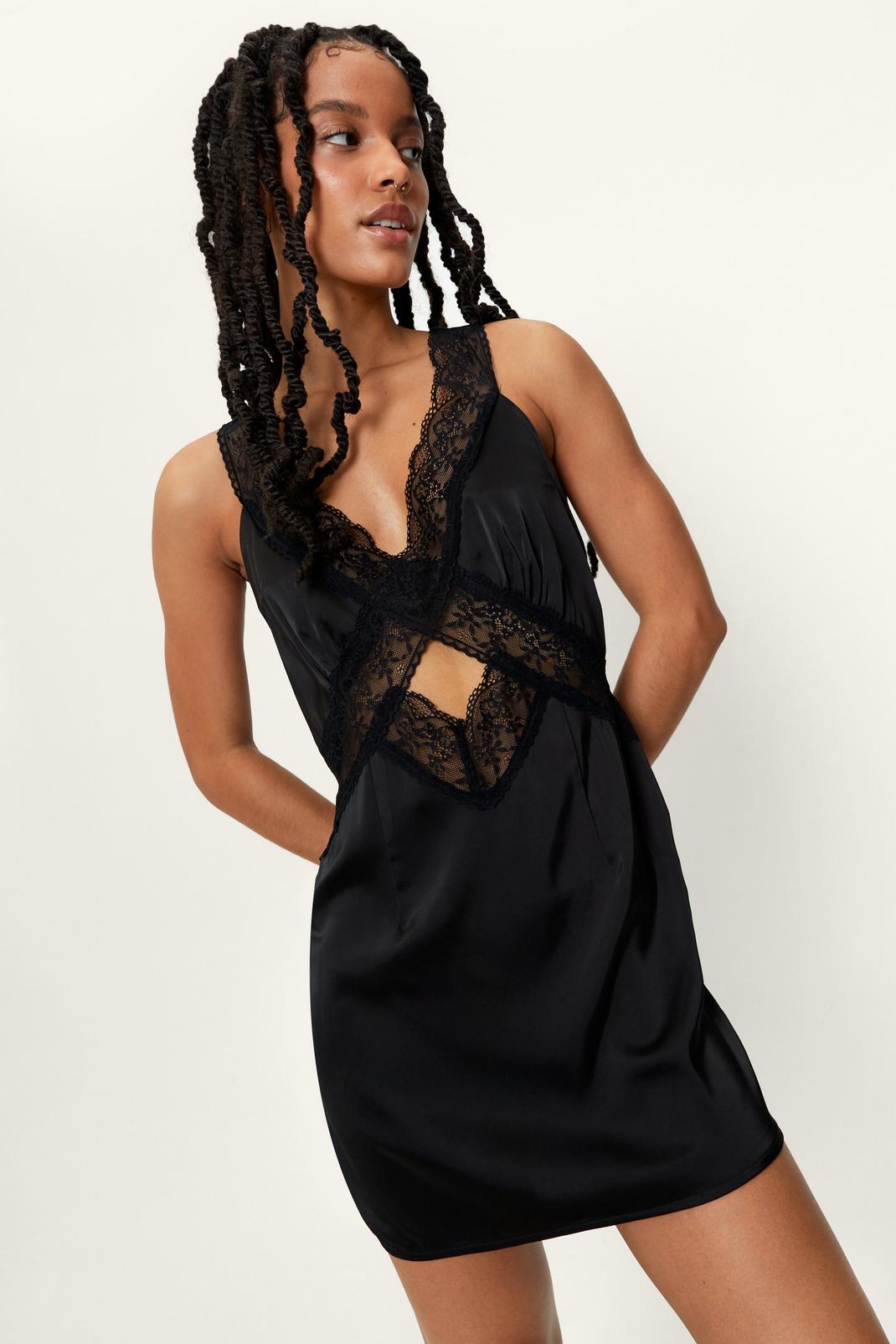 Black Petite Lace Slip Satin Mini Dress image number 1