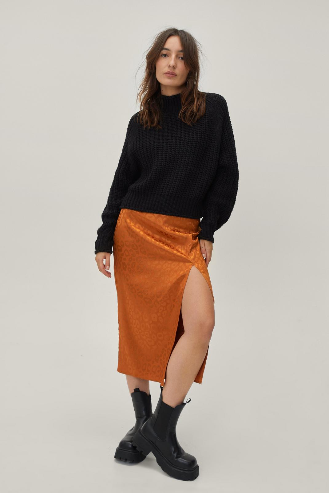 Rust Petite Satin Jacquard Split Midi Skirt image number 1