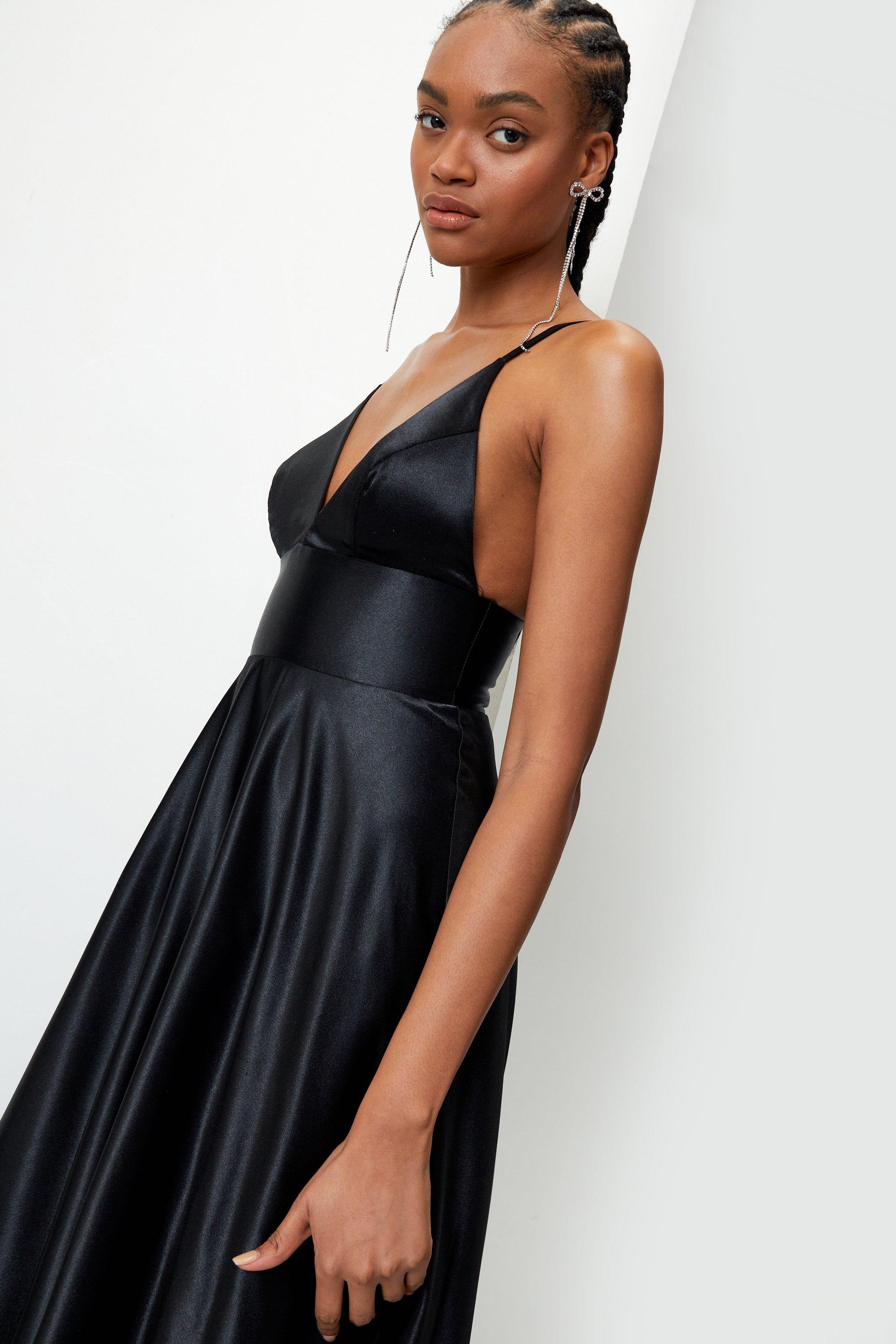 Plunging V Neck Open Back Satin Maxi Dress