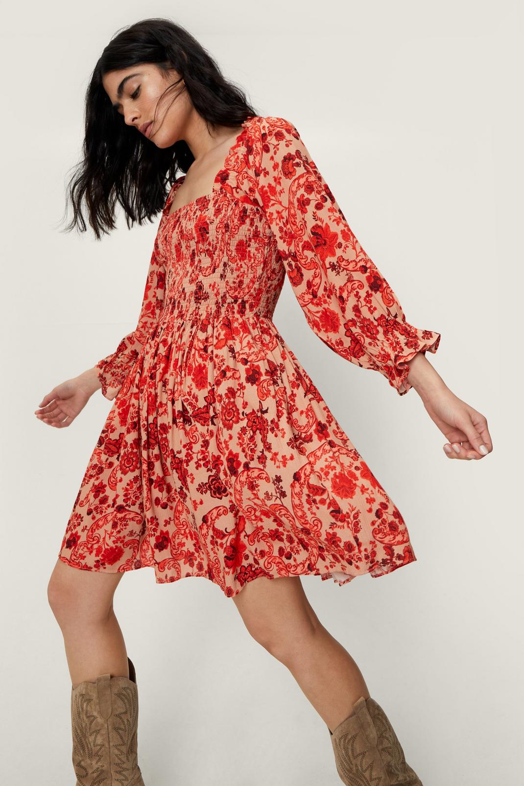 Red Recycled Paisley Printed Shirred Smock Mini Dress image number 1