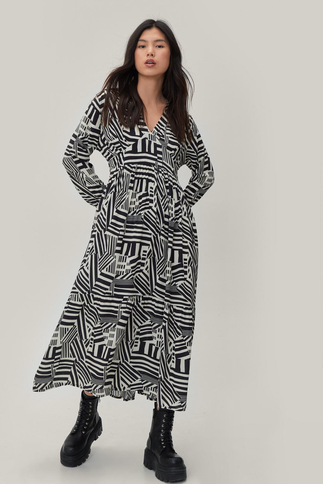  Abstract Print V Neck Pleated Midi Dress image number 1