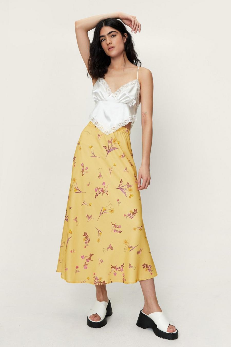 Lemon Floral Printed Bias Cut Midi Skirt