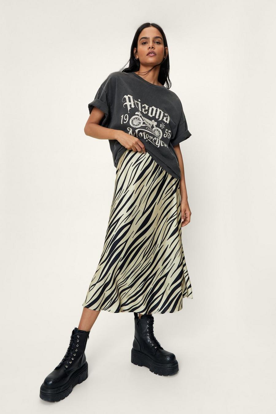 Zebra Print Bias Cut Satin Midi Skirt