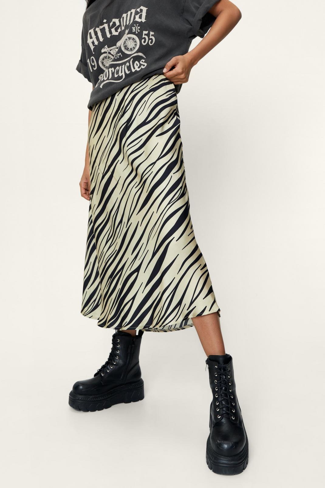 808 Zebra Print Bias Cut Satin Midi Skirt image number 2