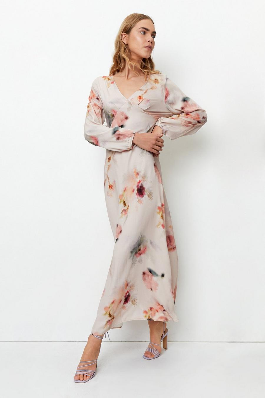 Blurred Floral Print V Neck Column Maxi Dress