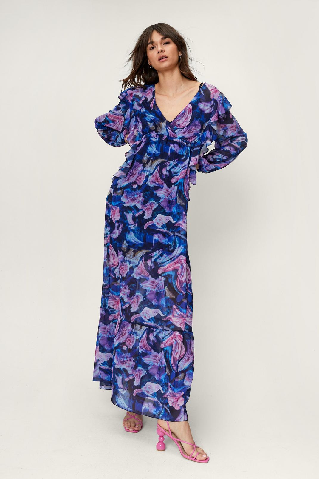Blue Blurred Floral Print Ruffle Maxi Dress image number 1