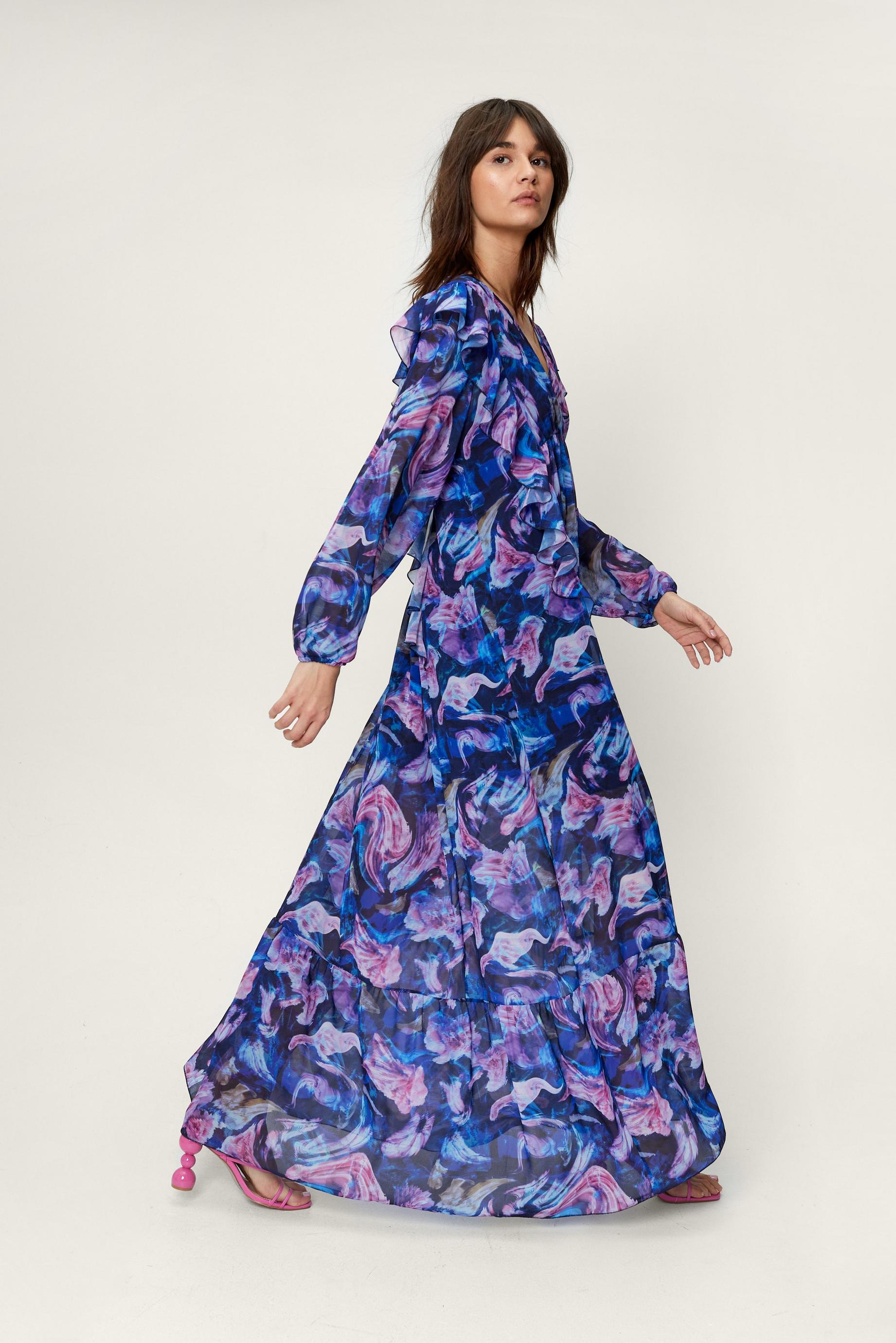 Blurred Floral Print Ruffle Maxi Dress