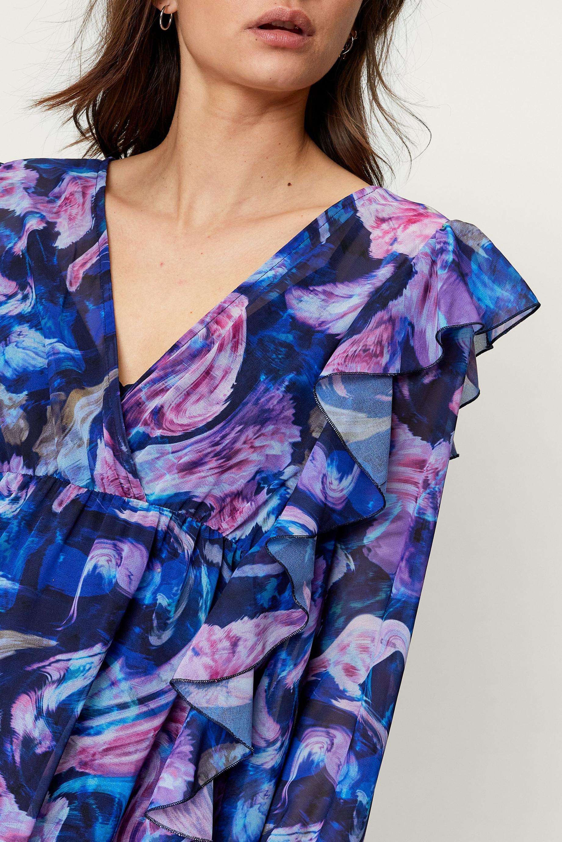 Blurred Floral Print Ruffle Maxi Dress
