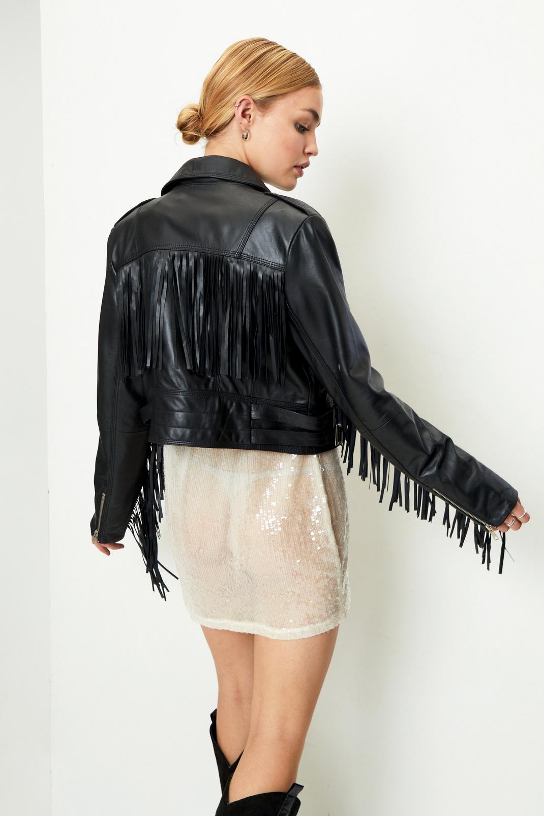 Nasty Gal Womens Real Leather Fringed Festival Jacket - Black