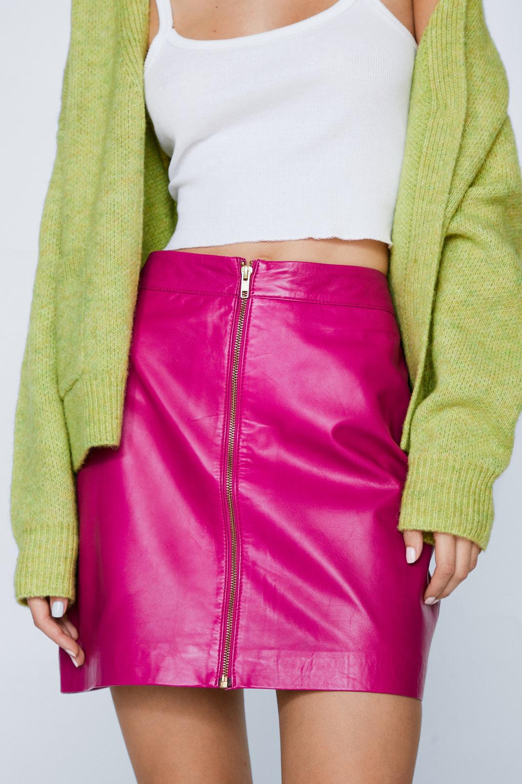 Fuchsia Real Leather Zip Front Mini Skirt image number 1