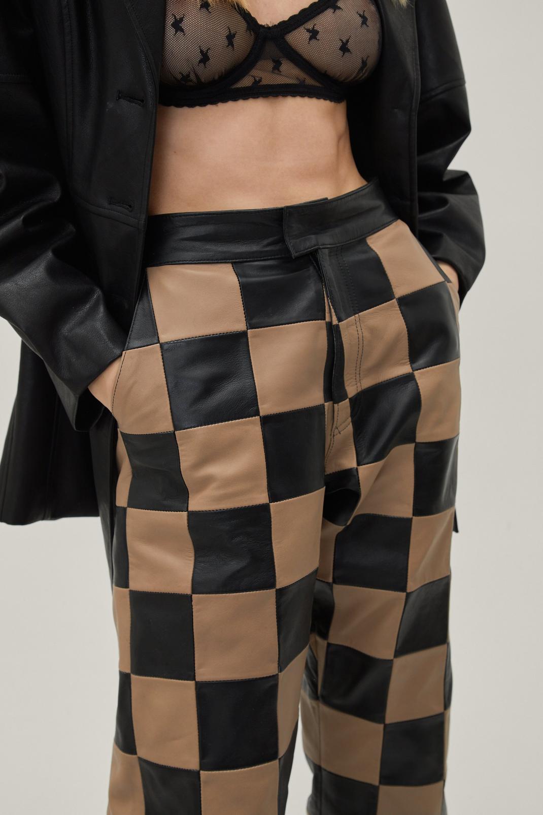 144 Checkerboard High Waisted Real Leather Pants image number 2