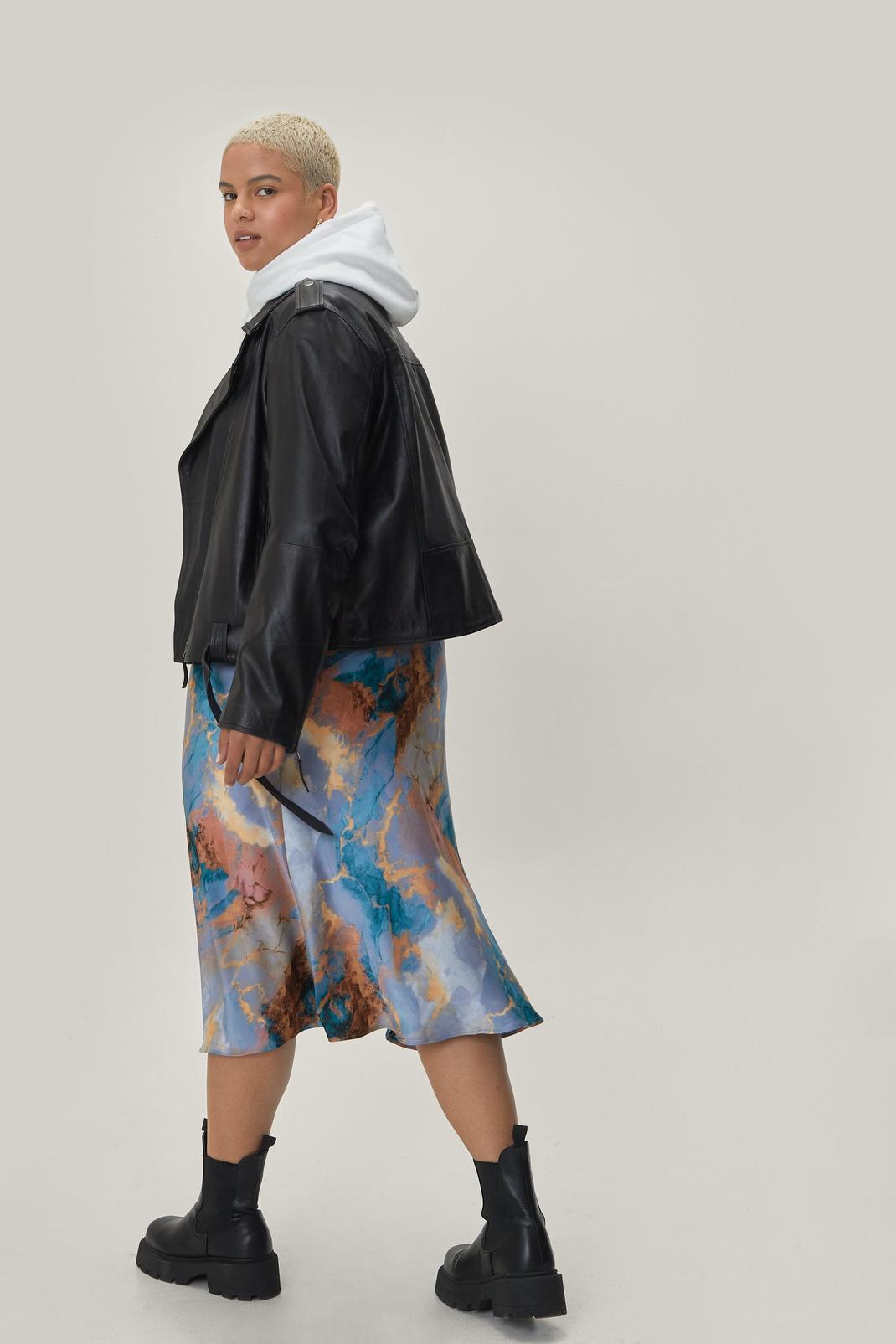 Blue Plus Size Satin Marble Print Midi Skirt image number 1