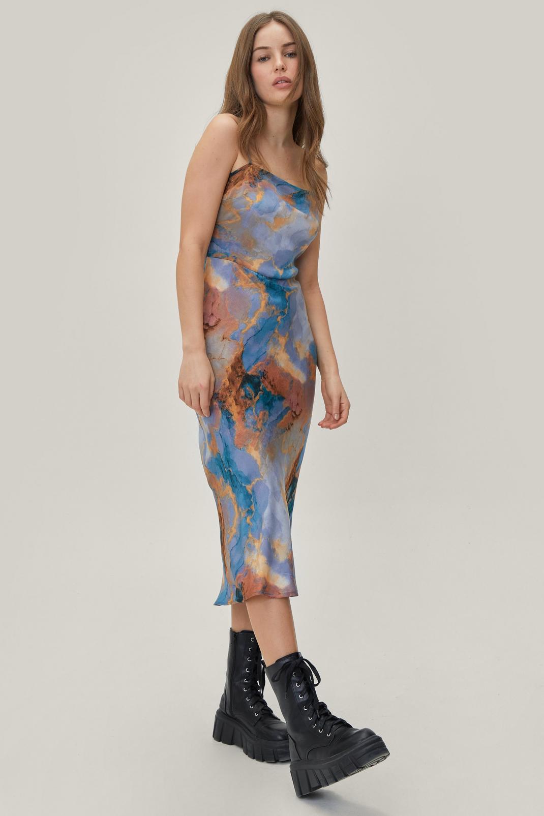 Blue Abstract Marble Print Midi Slip Dress image number 1
