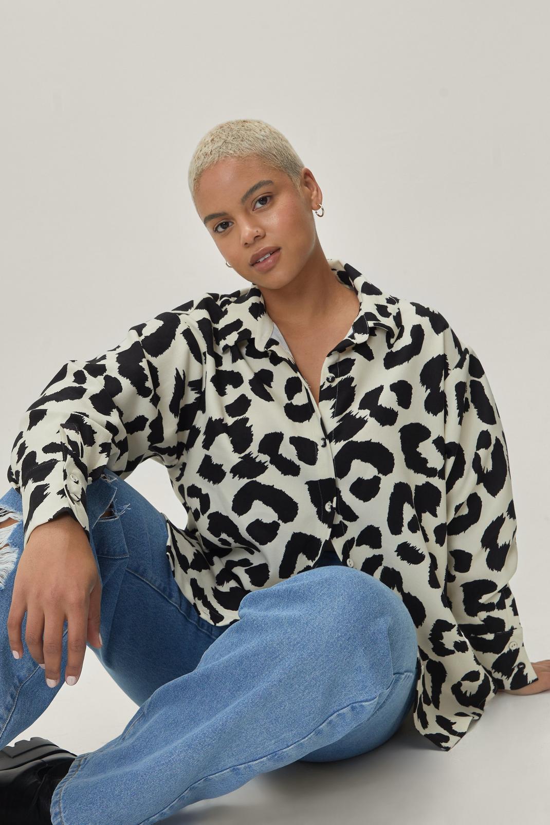 Black Plus Size Leopard Print Oversized Shirt image number 1