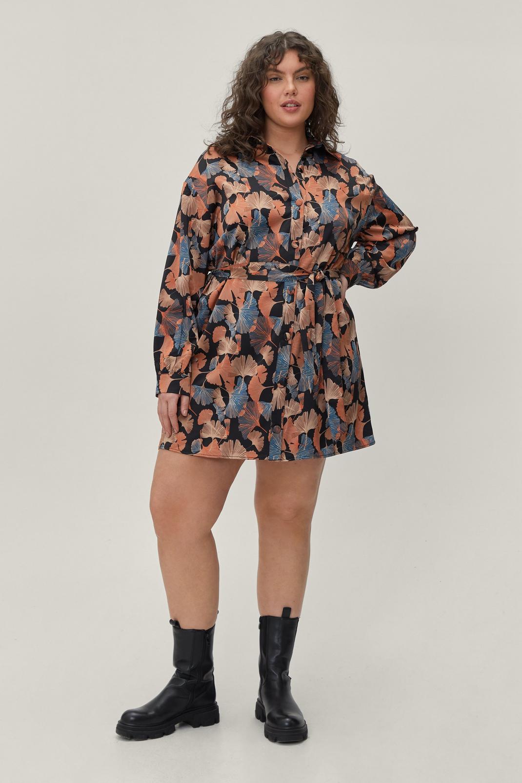 Plus Size Muted Floral Print Satin Shirt Dress image number 1