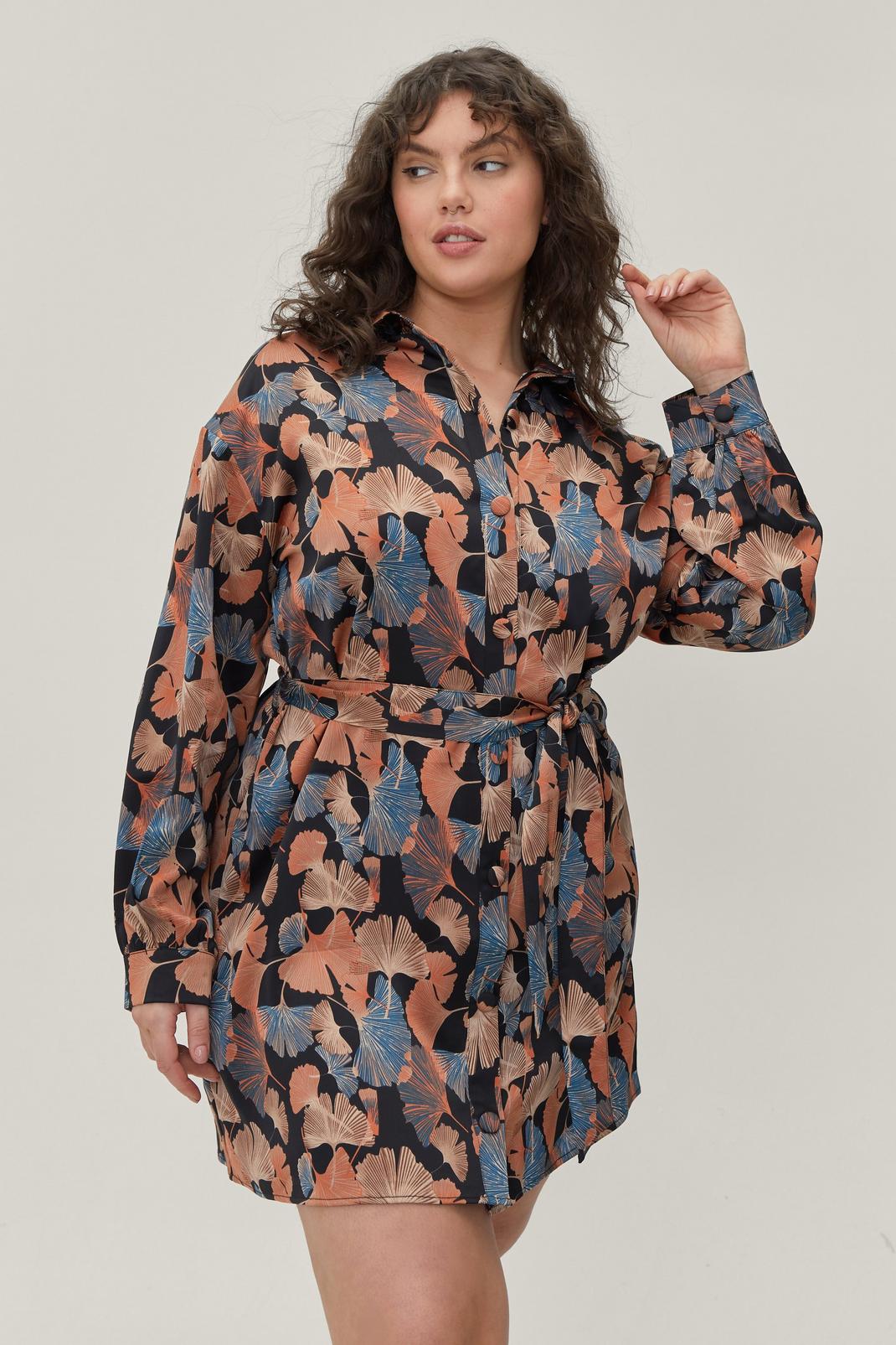 168 Plus Size Muted Floral Print Satin Shirt Dress image number 2