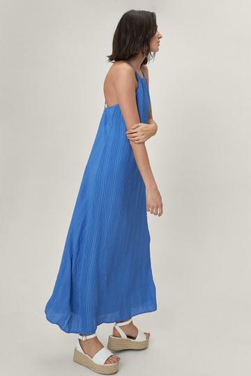 Blue Pleated Strappy Maxi Smock Dress