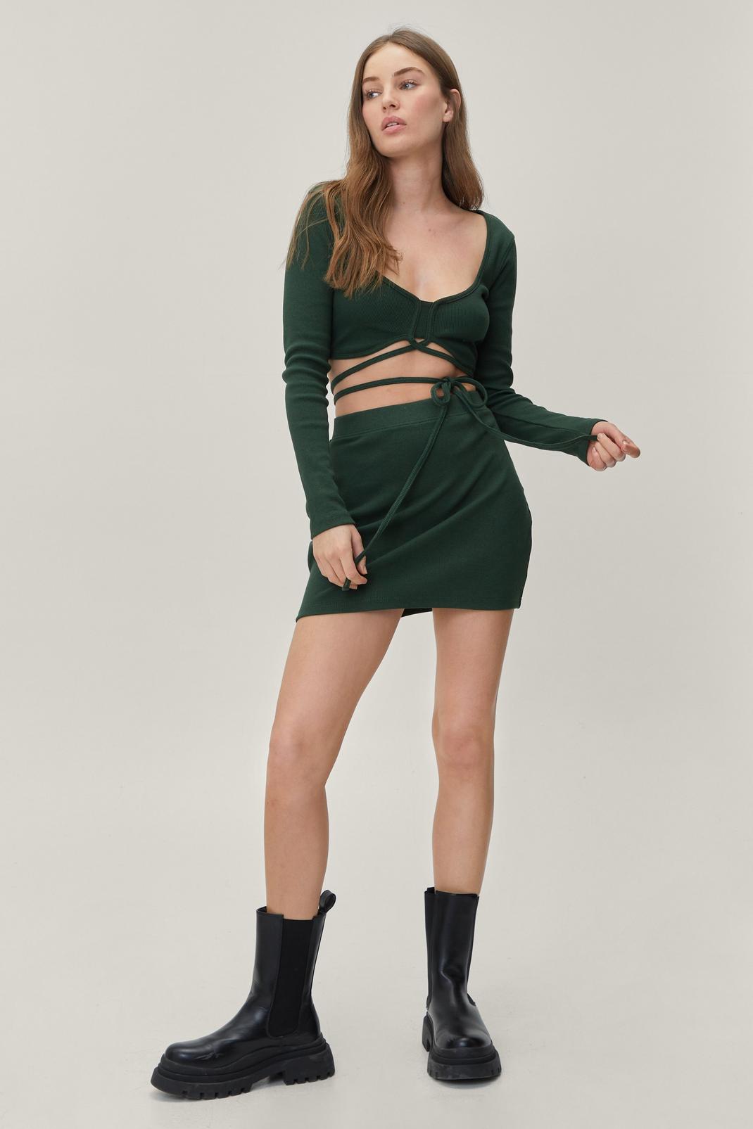 Bottle green Jersey Tie Front Top And Skirt Set image number 1