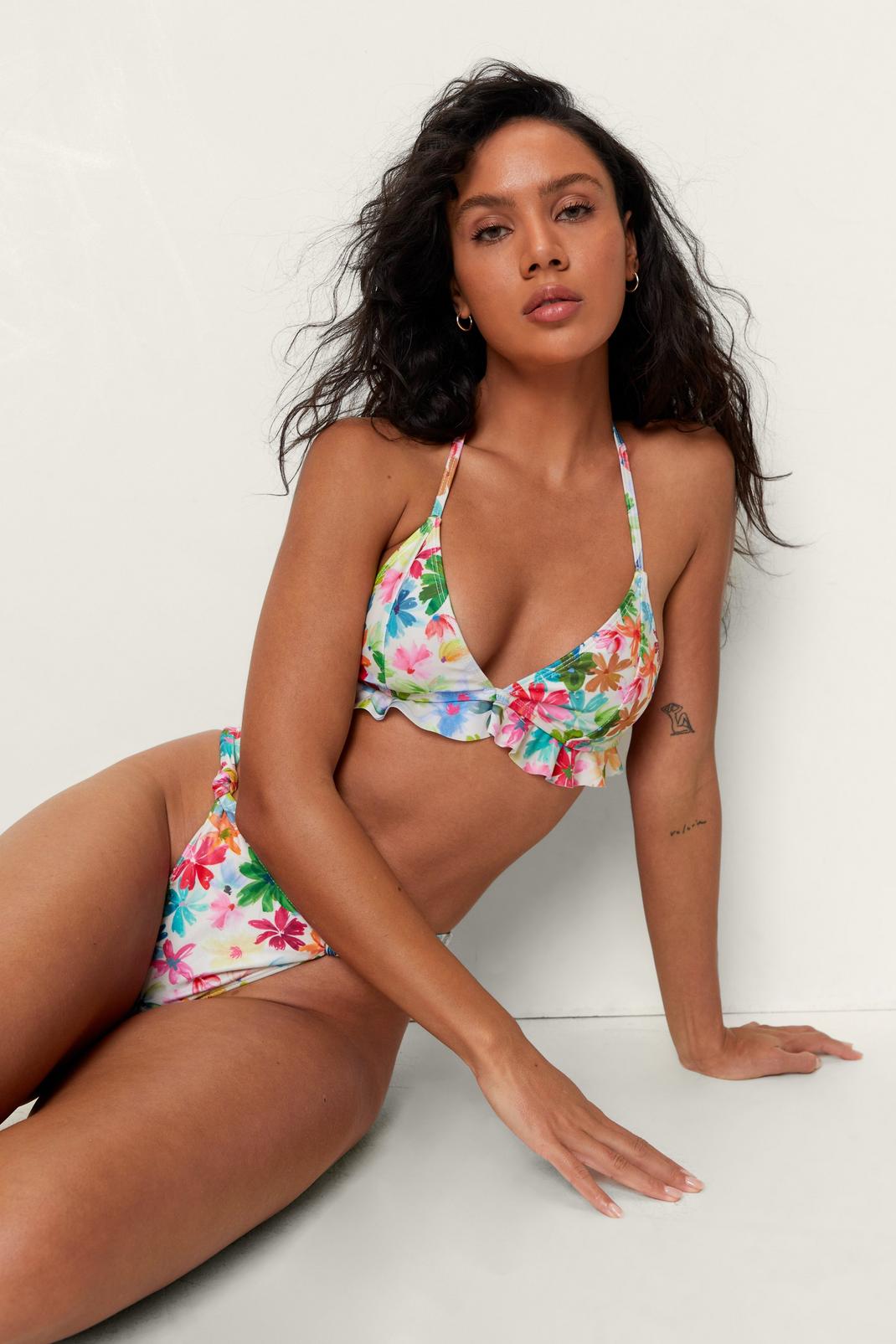 130 Recycled Bright Floral Print Tie Ruffle Bikini Set image number 1