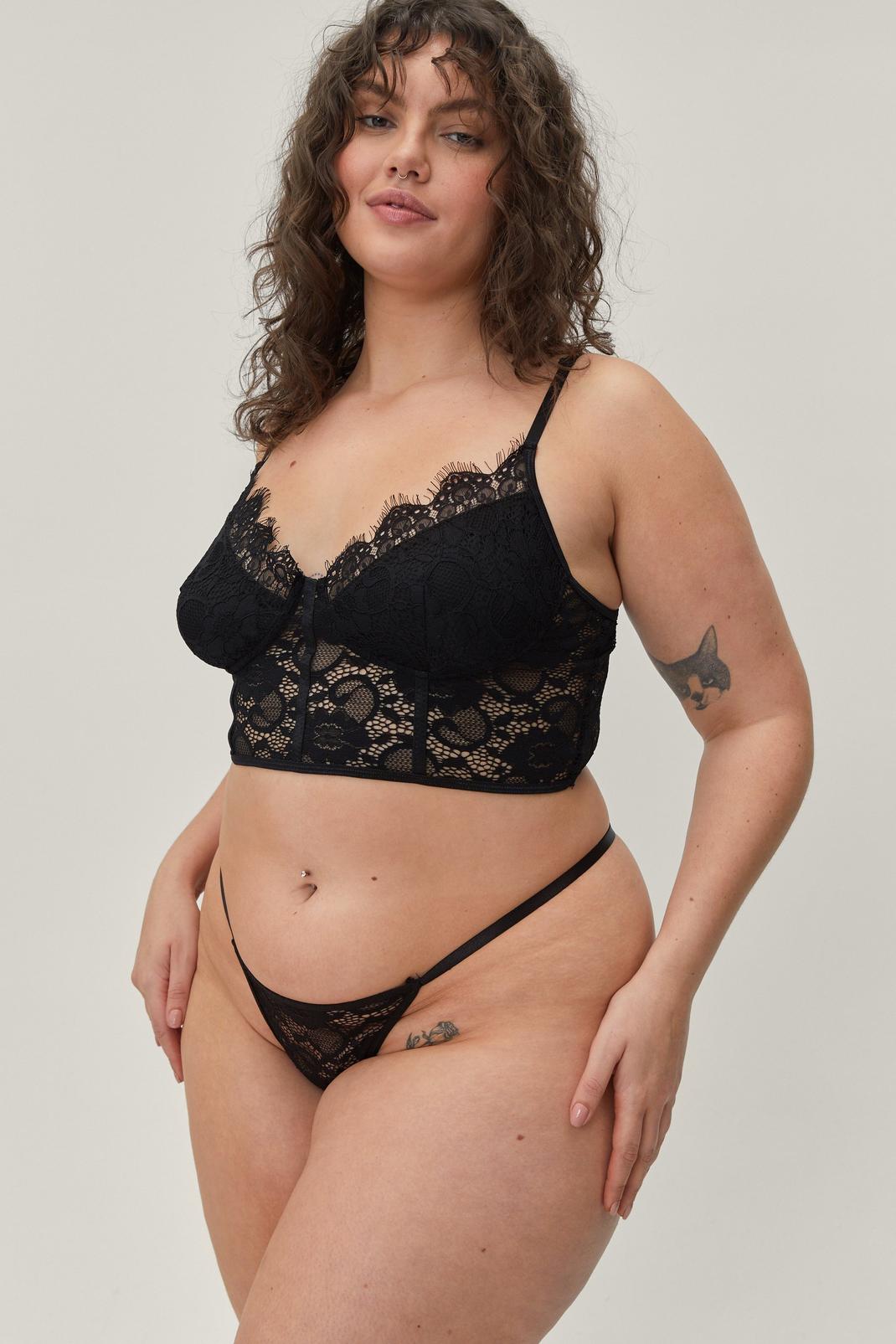 Plus Size Lace Longline Bralette and Thong Set  image number 1