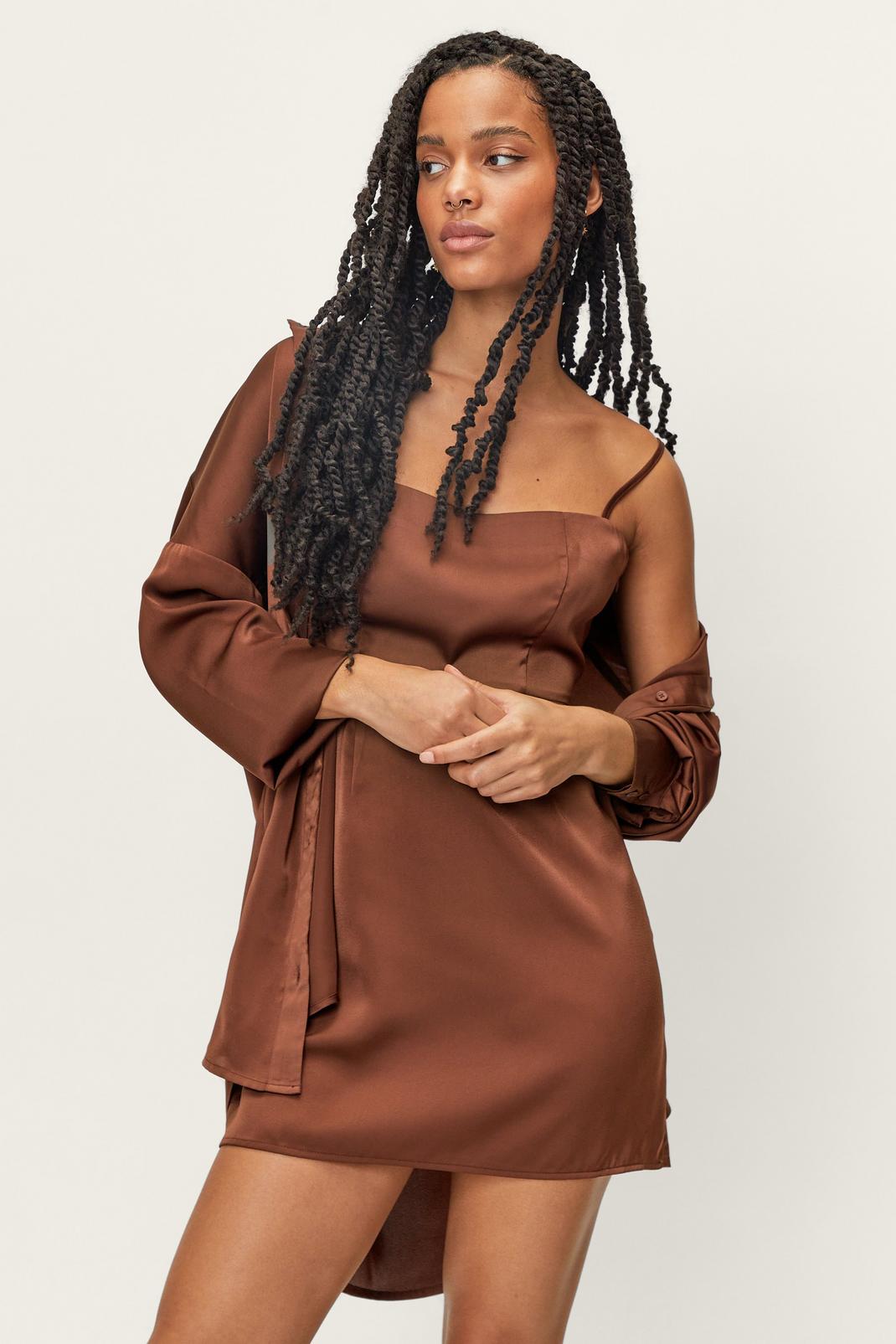 Chocolate Petite Heavy Satin Two Piece Shirt image number 1