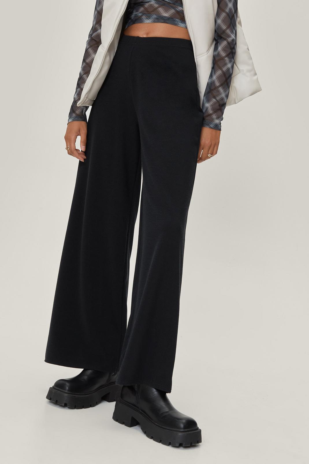 Black Petite Wide Leg Ribbed Trousers  image number 1