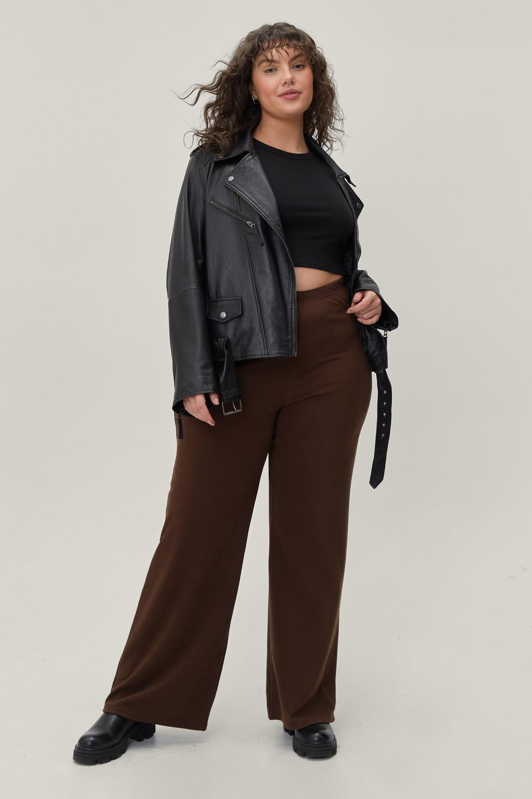 Chocolate Plus Size Wide Leg Ribbed Trousers image number 1