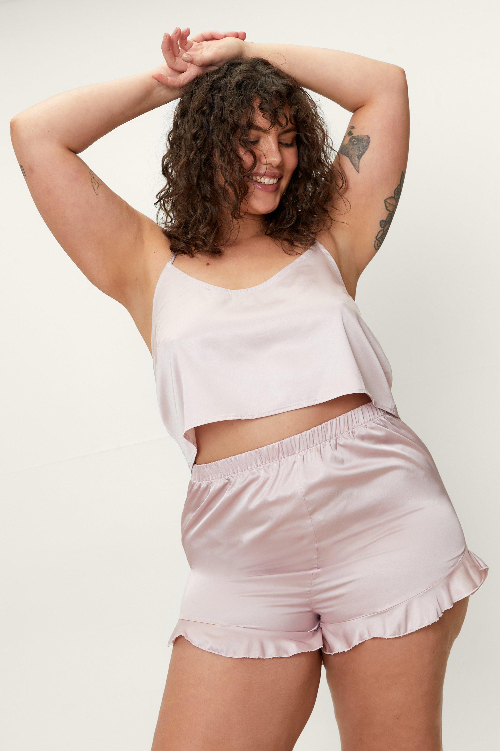 OYOANGLE Women's Plus Size Satin Pajama Set Sleepwear Pjs Nightwear Sexy  Lingerie Cami Shorts Set