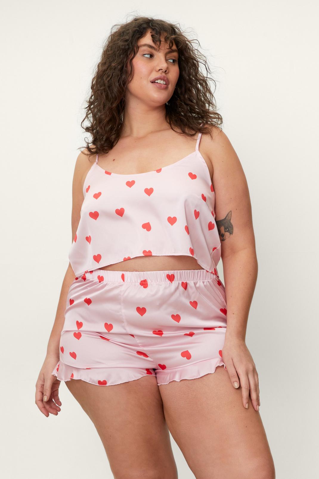 Pink Plus Size Heart Print Cami and Shorts Pyjama Set image number 1