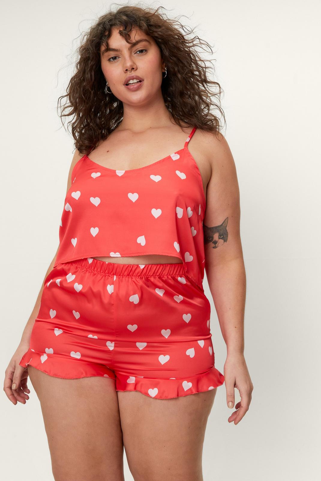 Red Plus Size Heart Print Cami and Shorts Pyjama Set image number 1