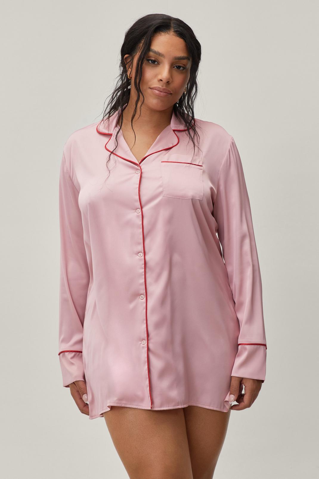 Pink Plus Size Satin Contrast Piping Night Shirt image number 1