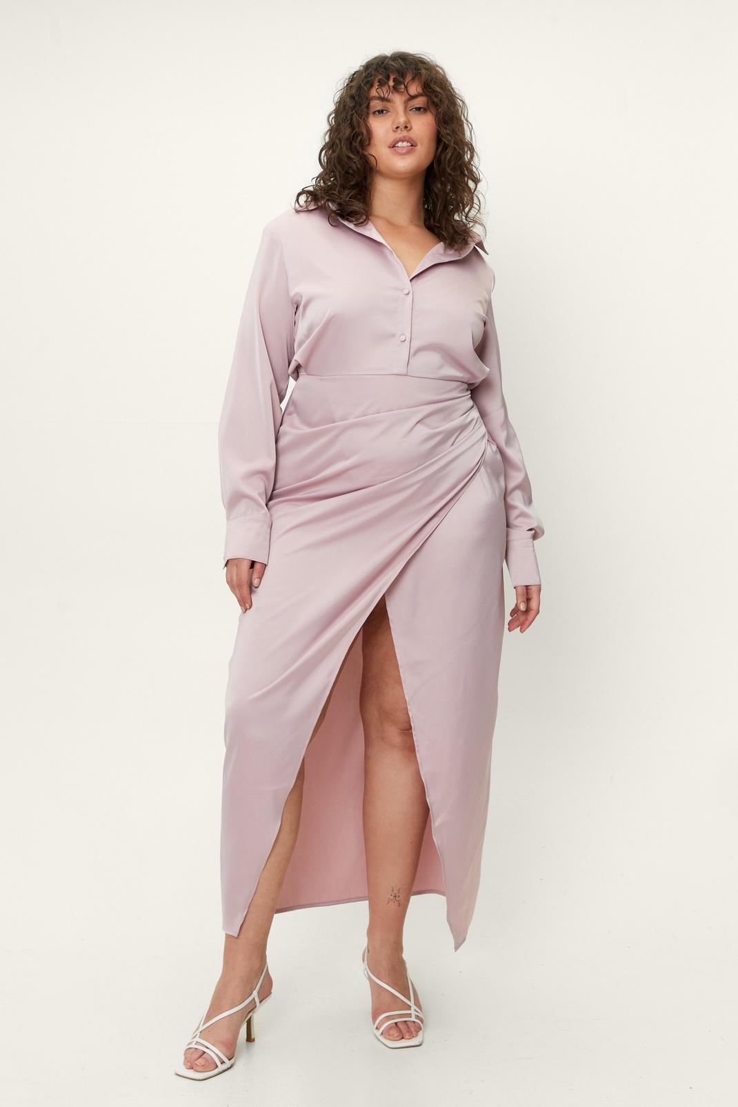 Mauve Plus Size Satin Wrap Maxi Shirt Dress image number 1