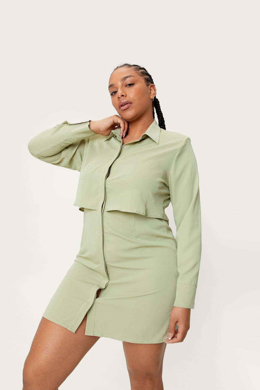 Green Plus Size Button Down Mini Shirt Dress image number 1