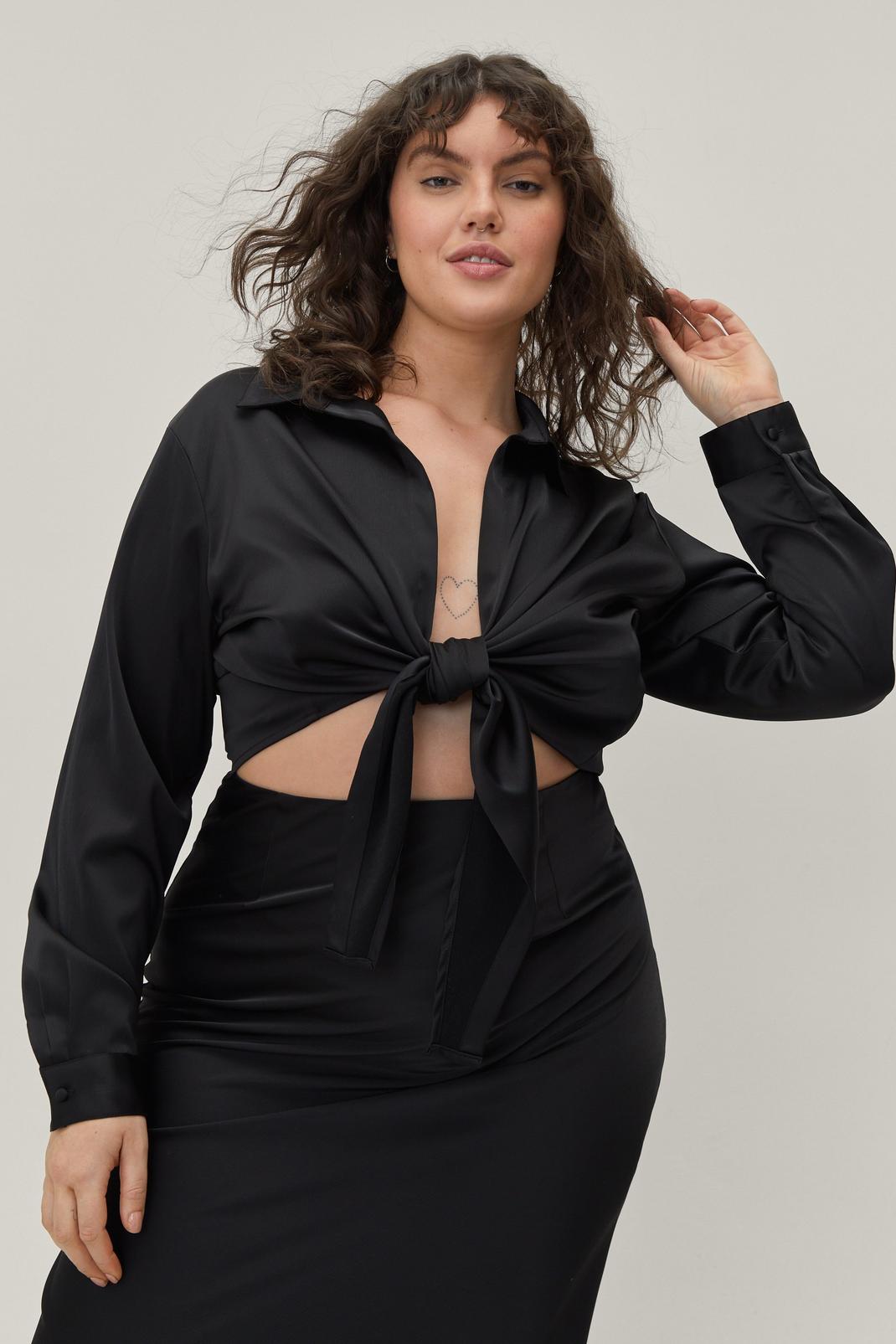 Black Plus Size Satin Tie Front Cropped Shirt  image number 1