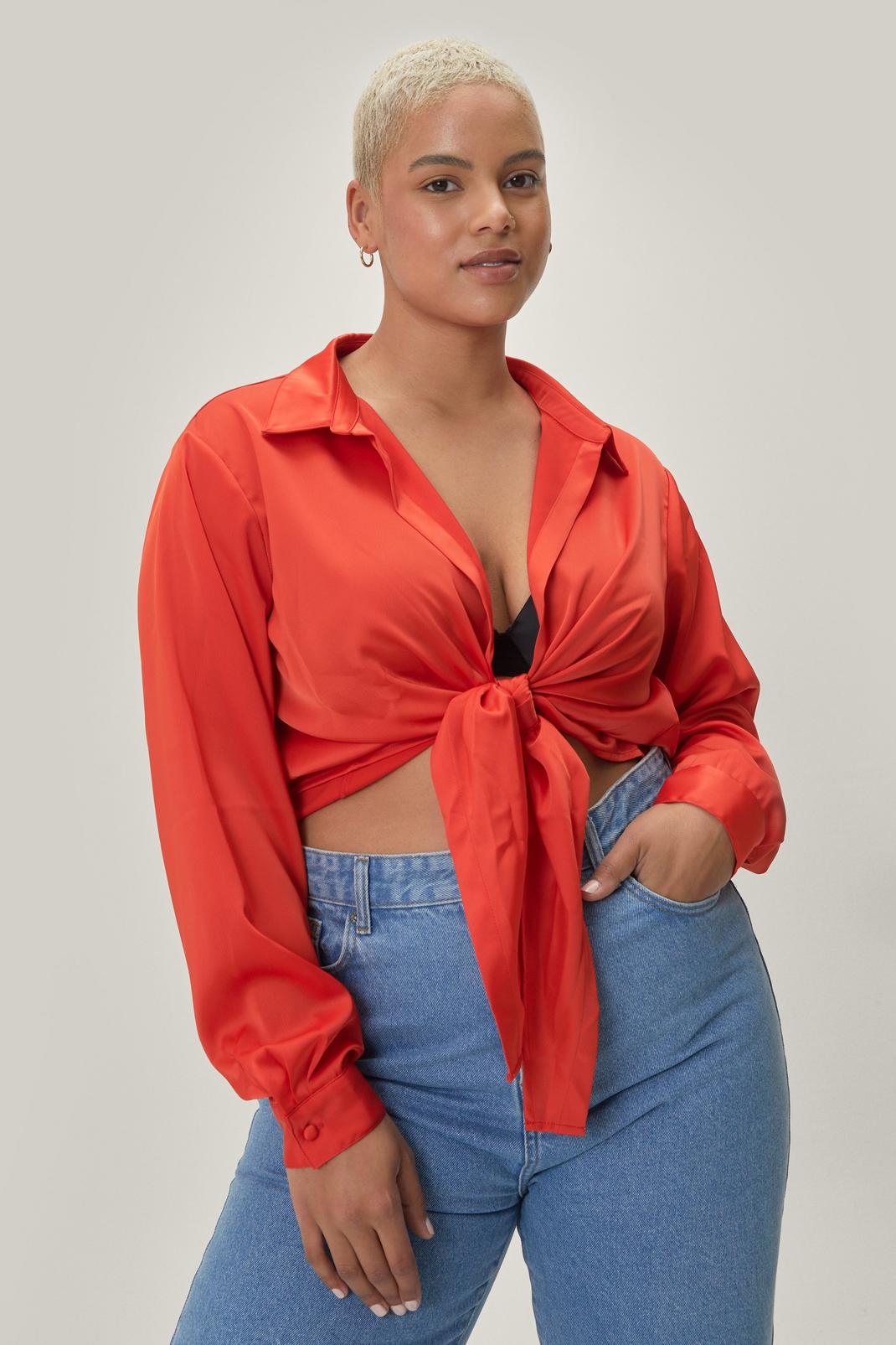 Burnt orange Plus Size Satin Tie Front Cropped Shirt  image number 1