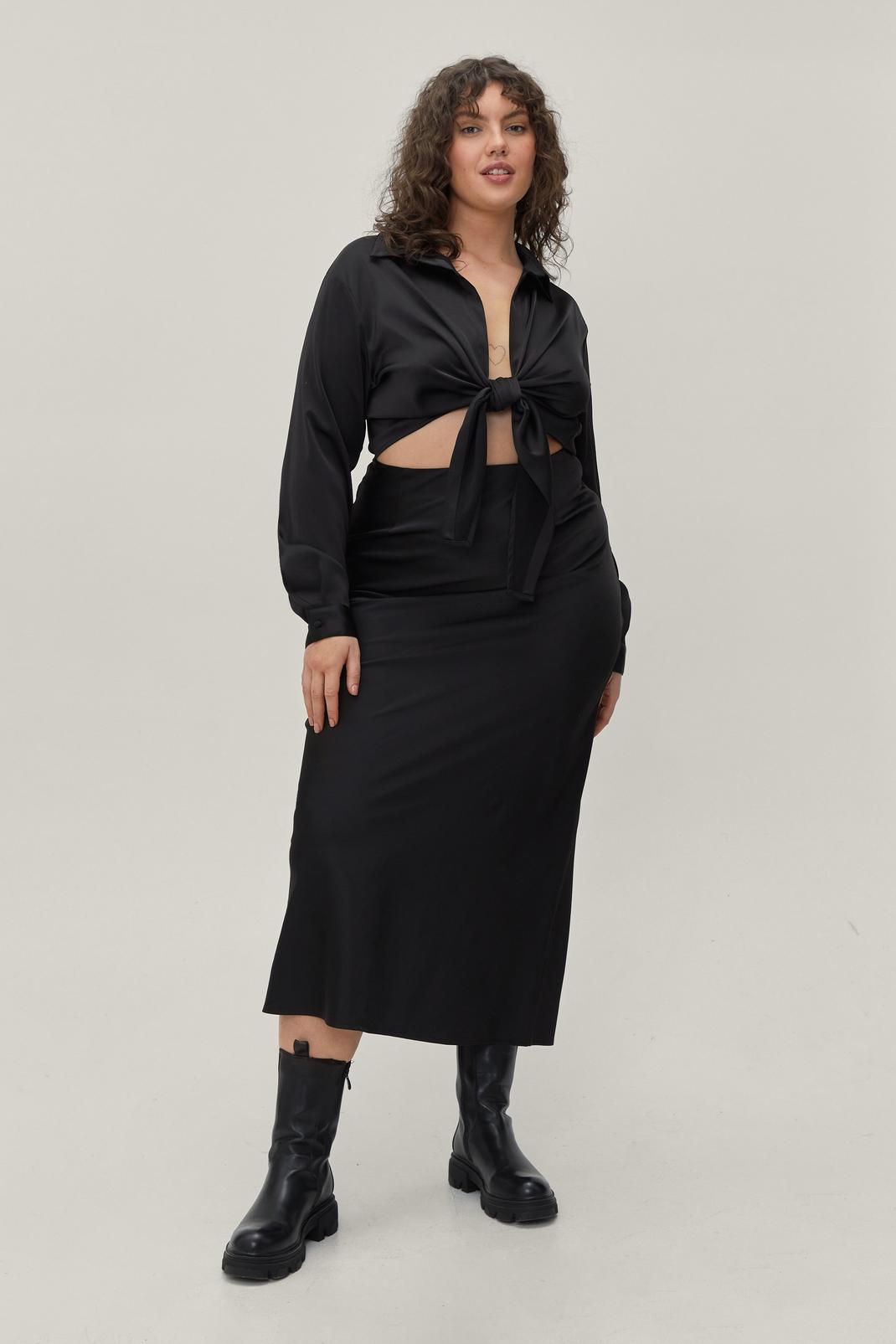 Black Plus Size Satin High Waisted Bias Cut Maxi Skirt image number 1