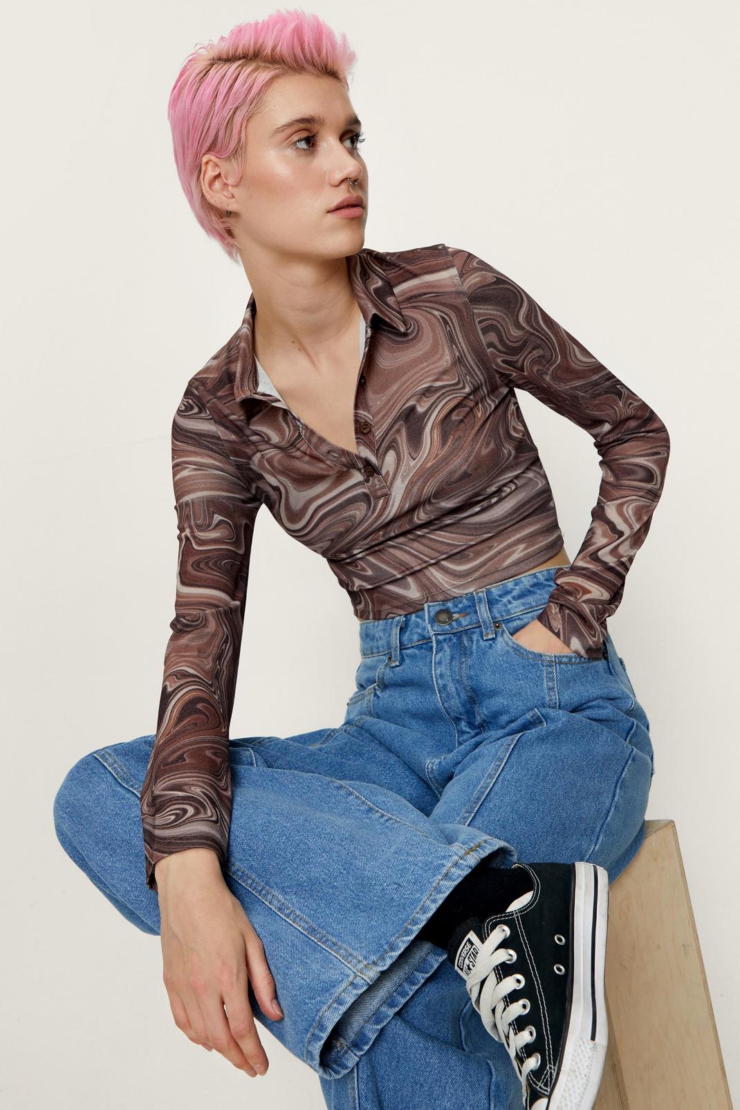 Chocolate Marble Mesh Button Down Crop Top image number 1