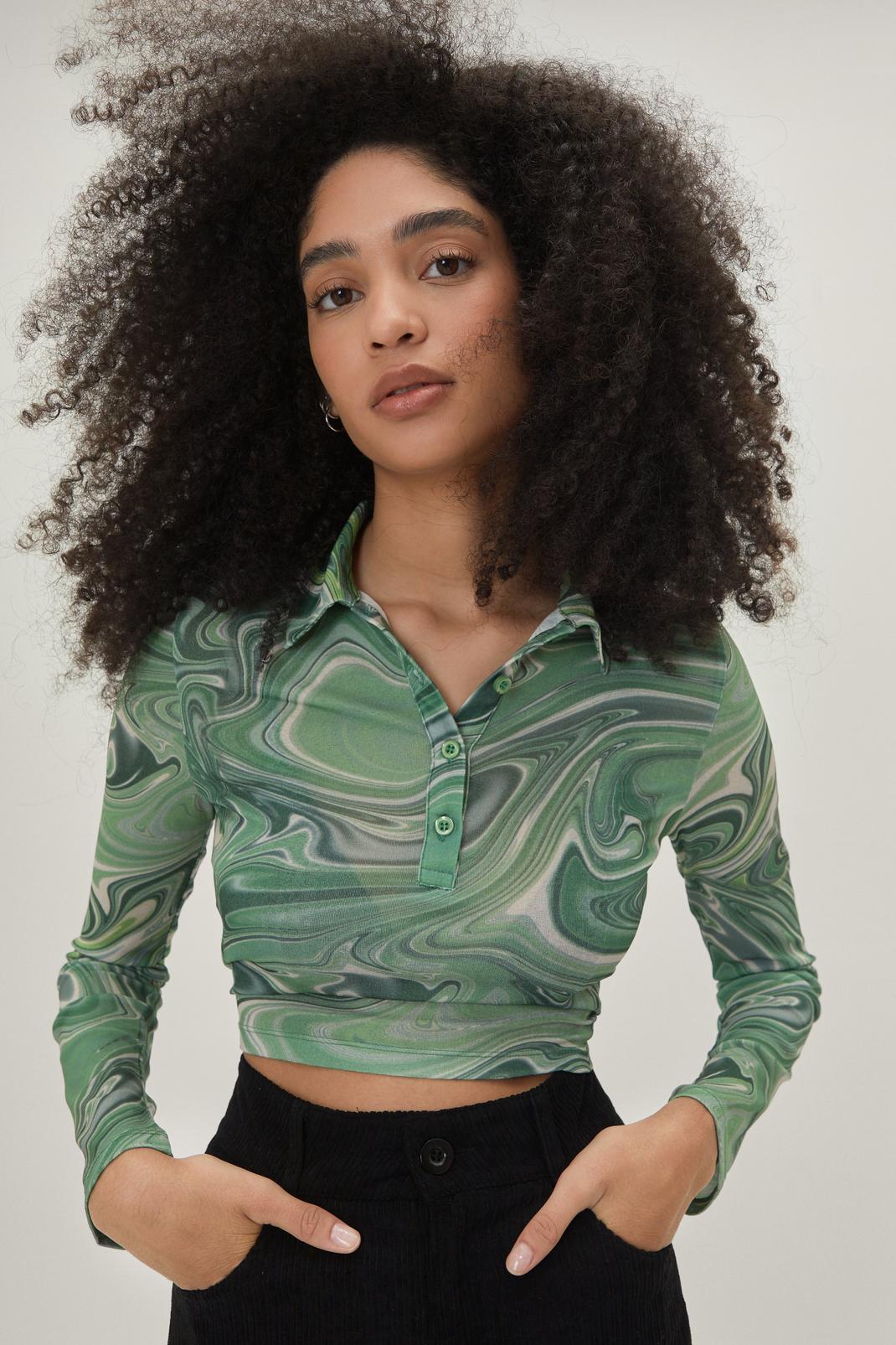 Green Marble Mesh Button Down Crop Top image number 1