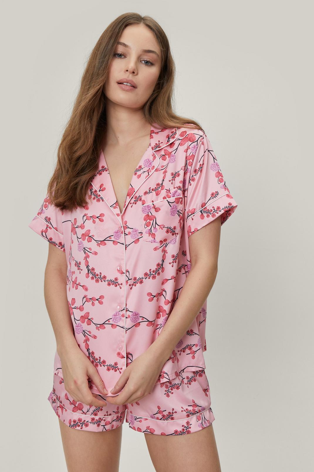 155 Recycled Floral Satin Shirt and Short Pajama Set image number 2