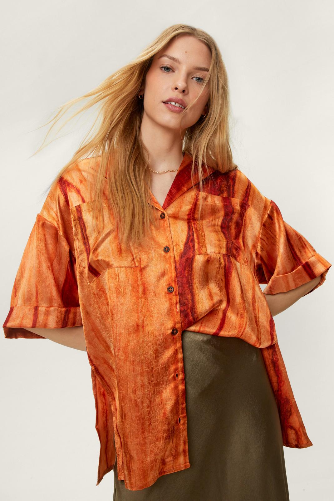 Orange Crinkle Satin Tie Dye Printed Shirt image number 1