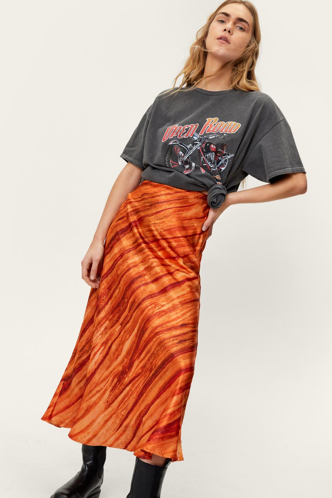 Orange Satin Tie Dye Print Two Piece Maxi Skirt image number 1