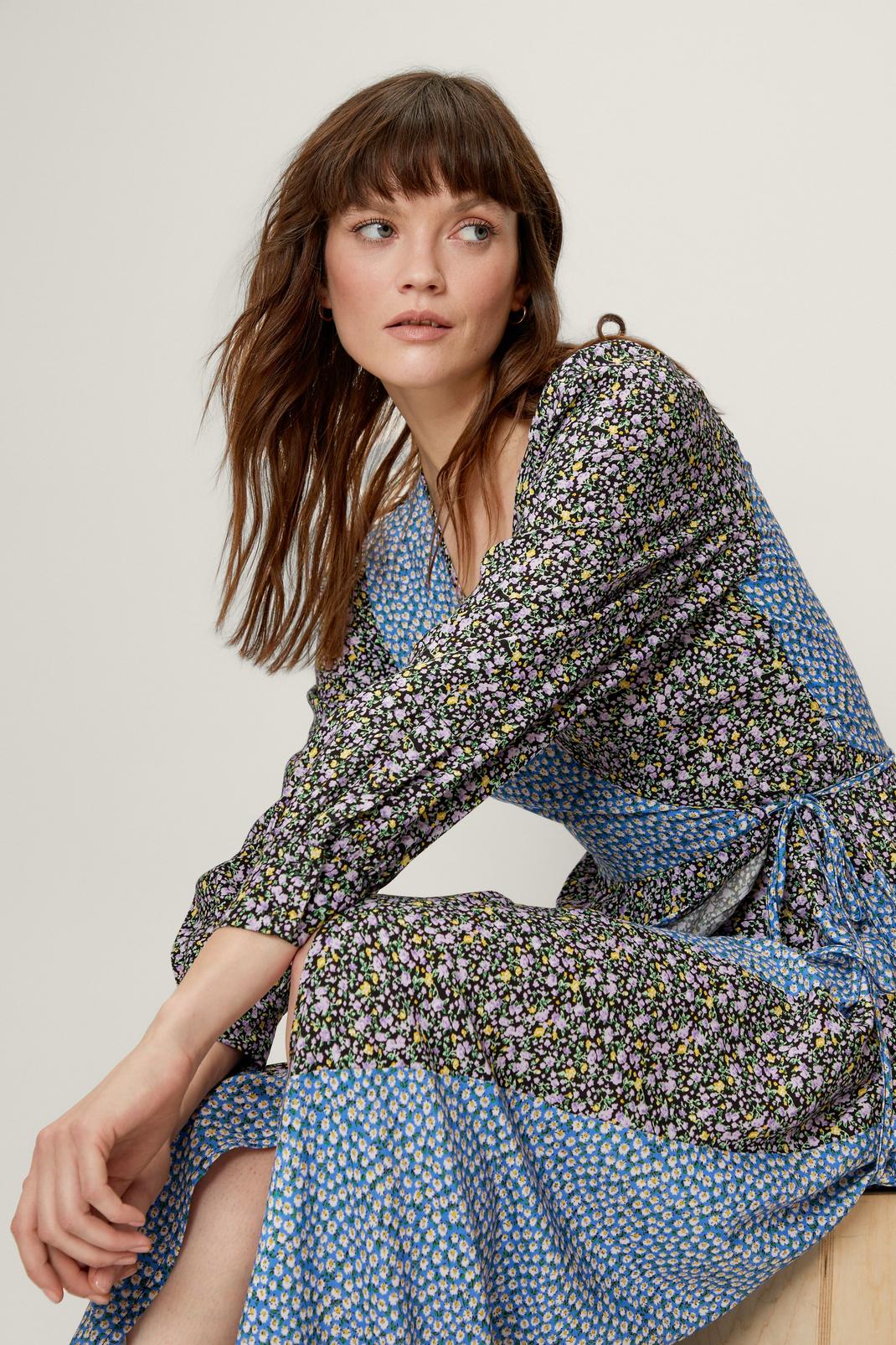 Blue Mixed Floral Print Wrap Midi Dress image number 1