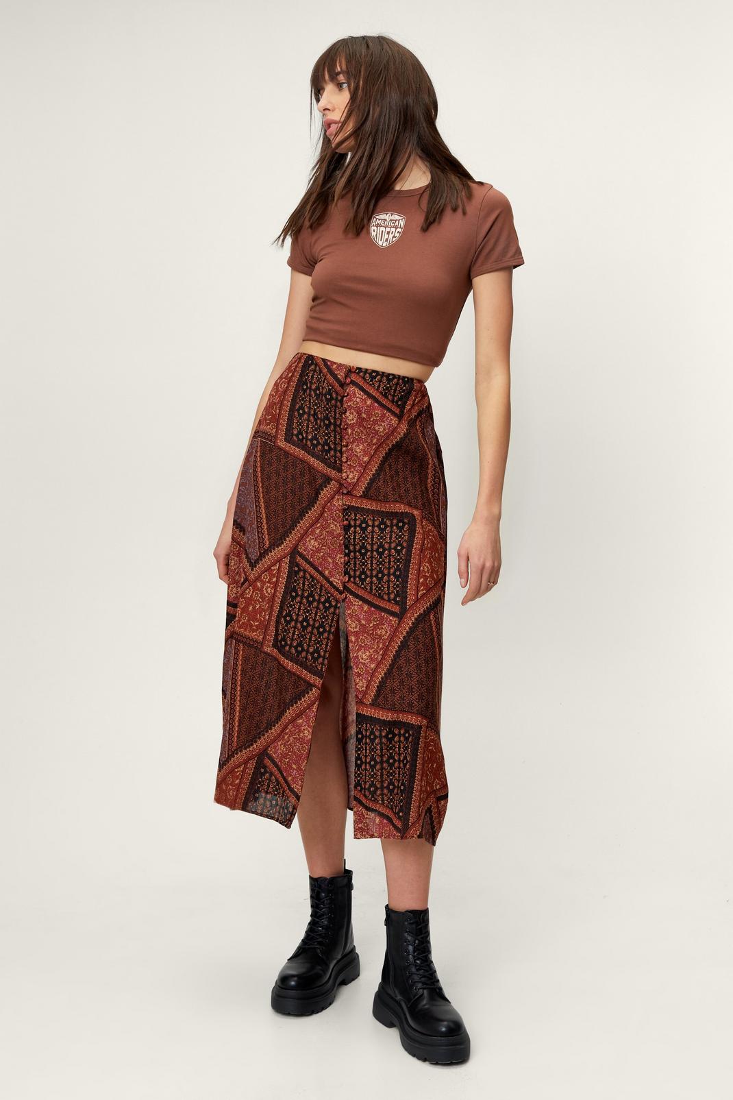 Brown Cheesecloth Paisley Print Button Midi Skirt image number 1