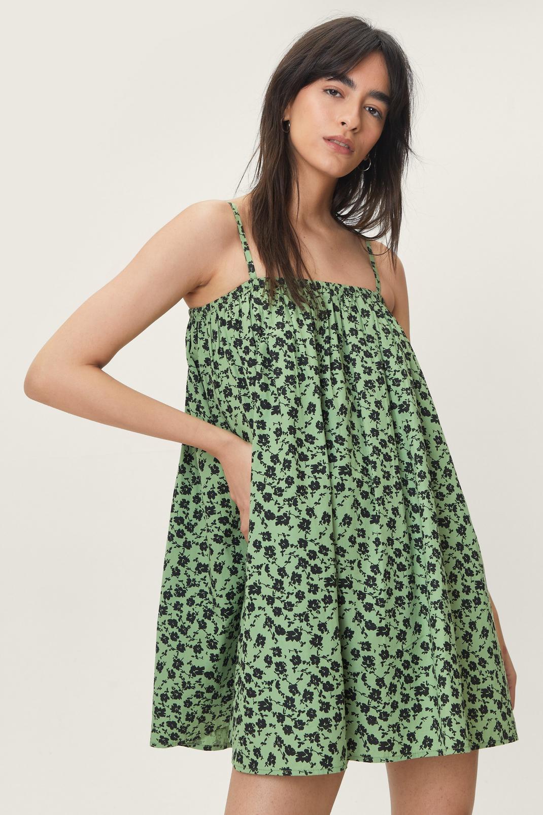 Green Cotton Floral Printed Cami Mini Smock Dress image number 1