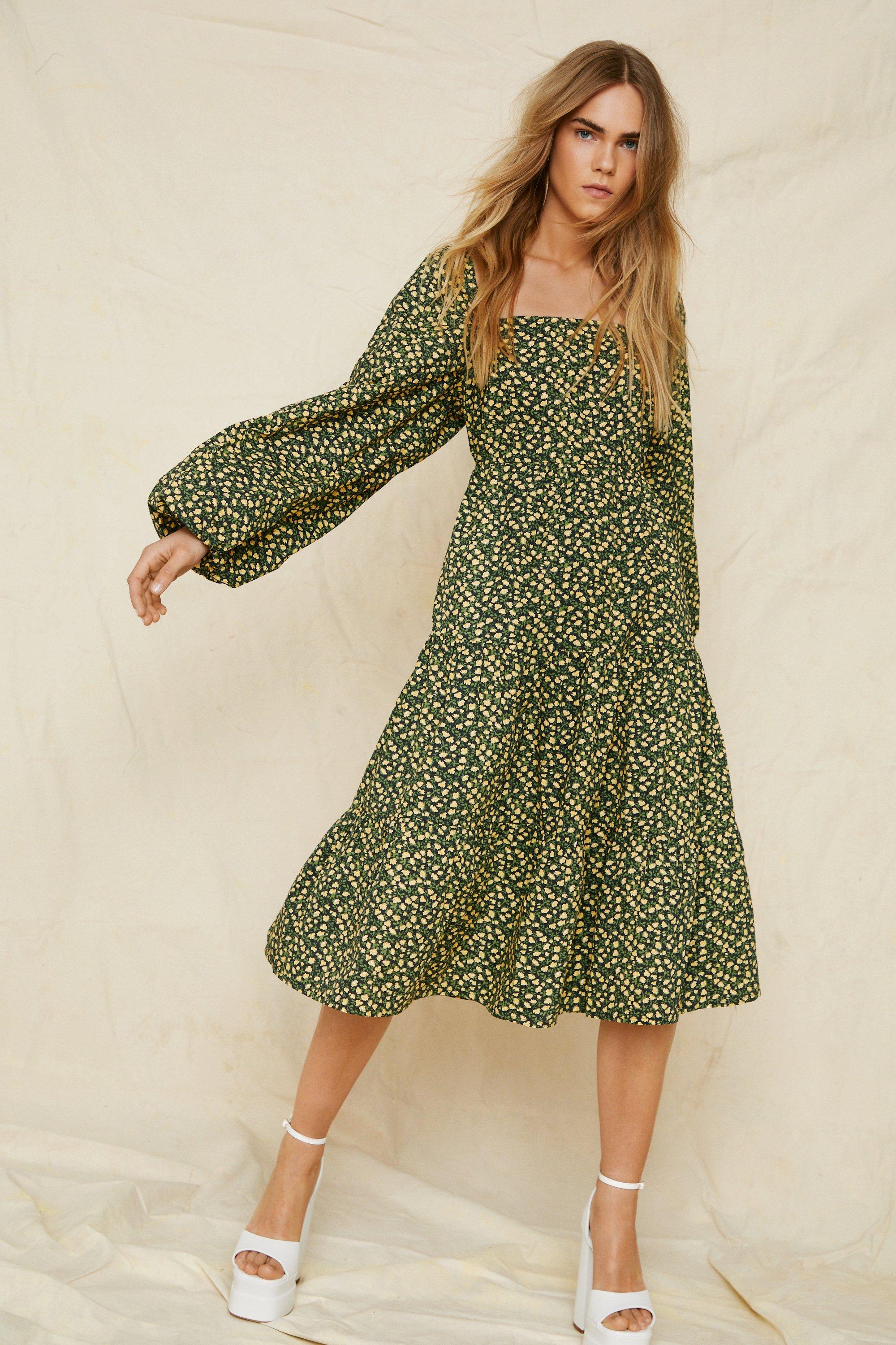 Cotton Floral Printed Midi Smock Dress